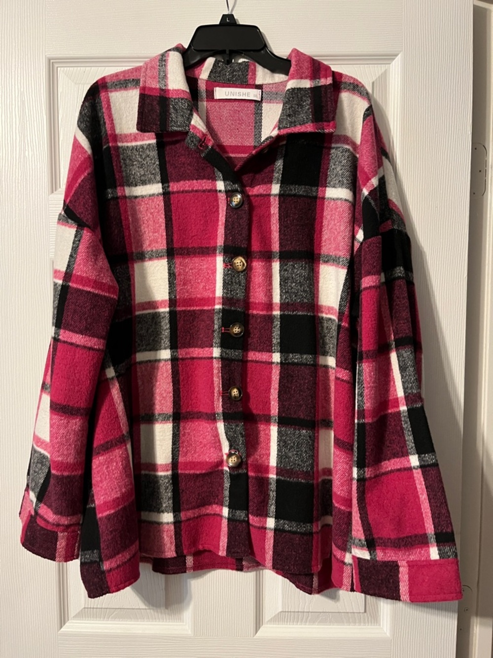UNISHE Pink Black White Plaid Button-Up Shacket